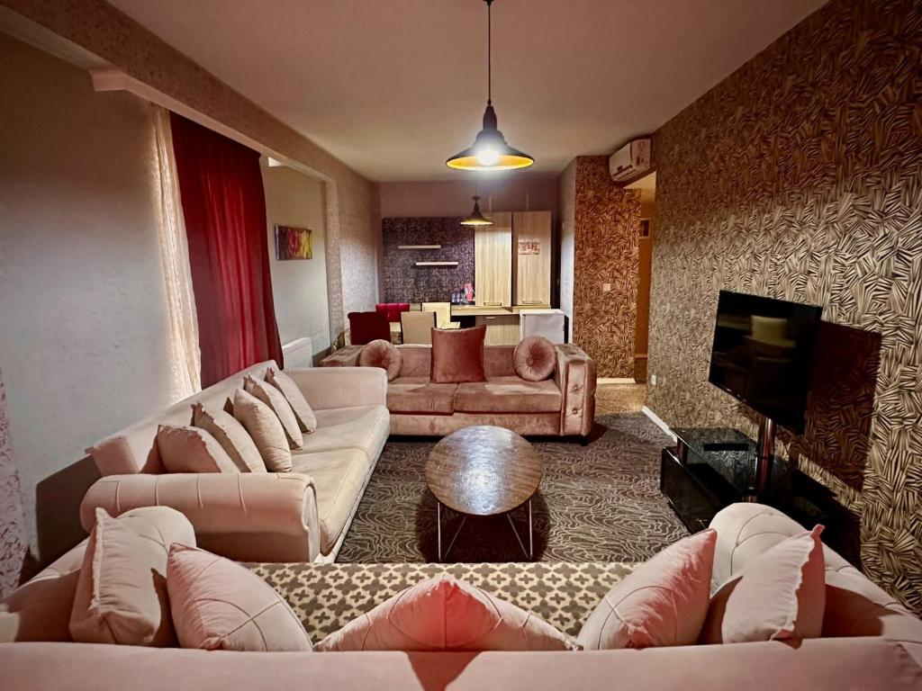 ベイリクドゥズにあるBlue Vip Houseのソファとテレビ付きの広いリビングルーム