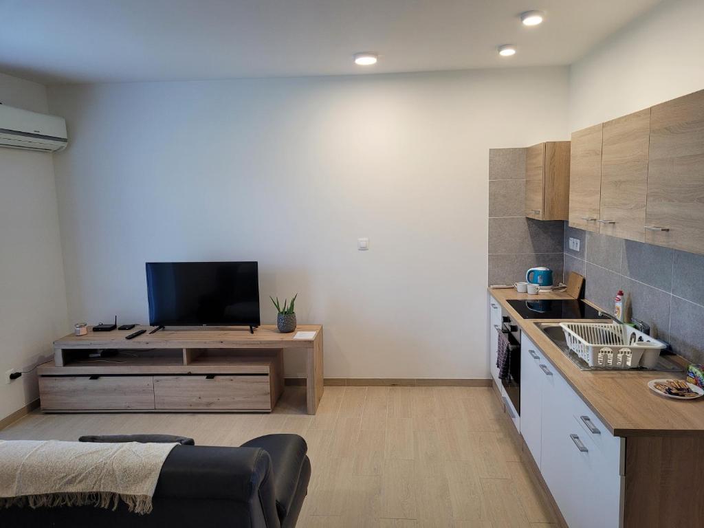 a living room with a kitchen with a tv at Apartmán Neva Galanta in Galanta