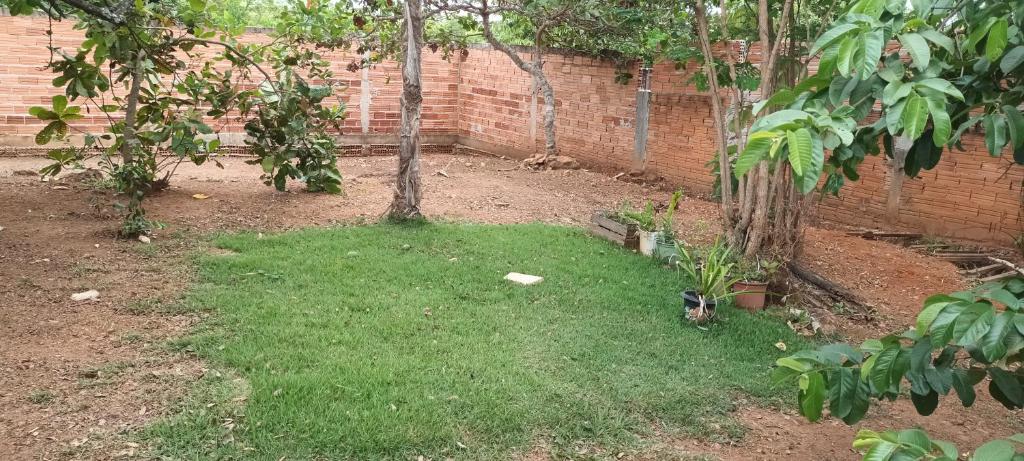 einen Garten mit Bäumen und Gras vor einer Ziegelwand in der Unterkunft Camping Santa Luzia in Pirenópolis