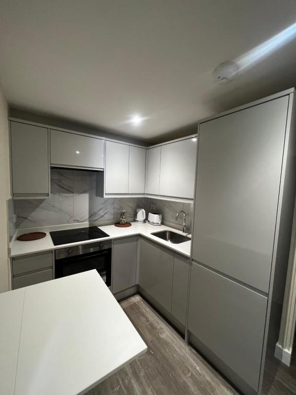 uma cozinha com armários brancos e um lavatório em Flat in London em Londres
