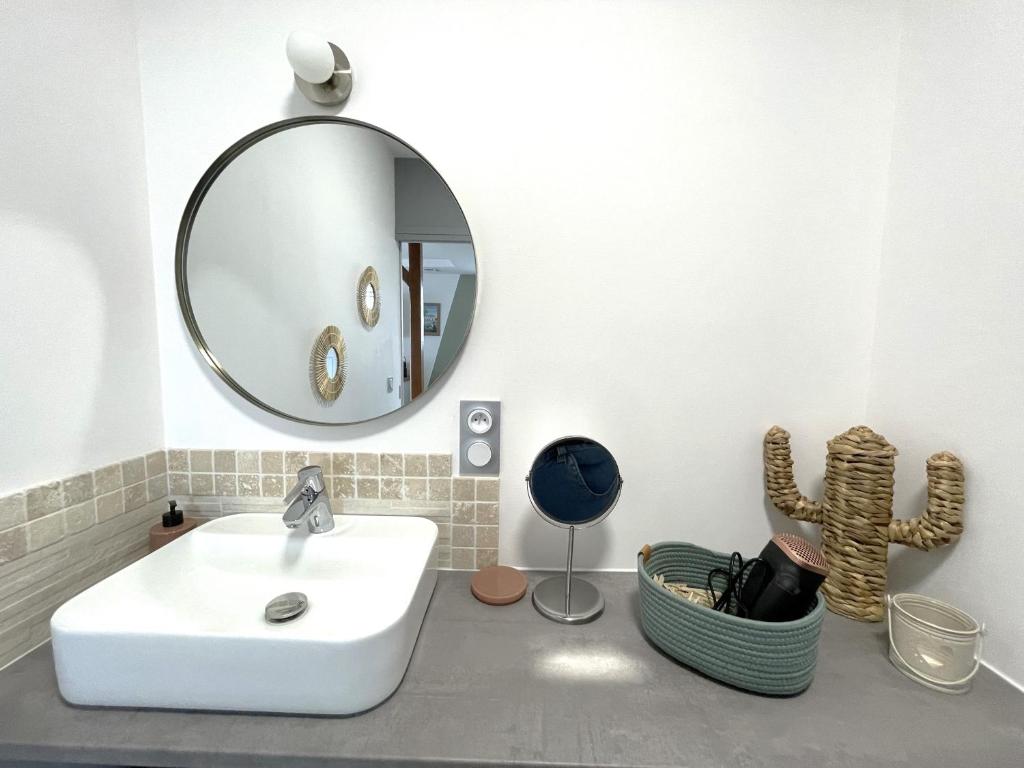 a bathroom with a white sink and a mirror at Gîte D'à Côté, 5 mn du Zoo de Beauval in Seigy