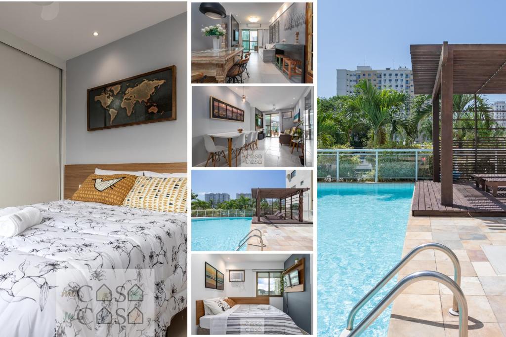 a collage of photos of a hotel with a bed and a pool at 2 Apartamentos Individuais de 3 QUARTOS com ESTACIONAMENTO em Condomínio com PORTARIA 24h, Sauna e Parquinho Infantil - Apartamento com Ar Condicionado, SmarTV, Wi-Fi 120 mbps e Cozinha Completa in Rio de Janeiro