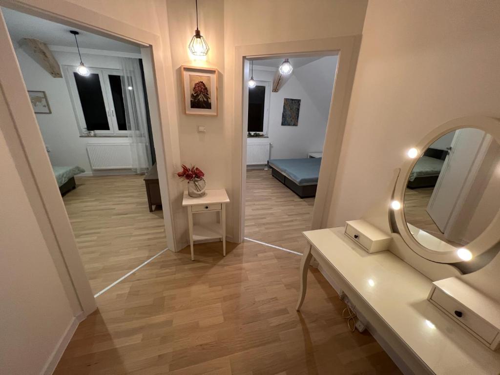 a bathroom with a mirror and a vanity at Agroturystyka Kraina Choszcza in Choszczno