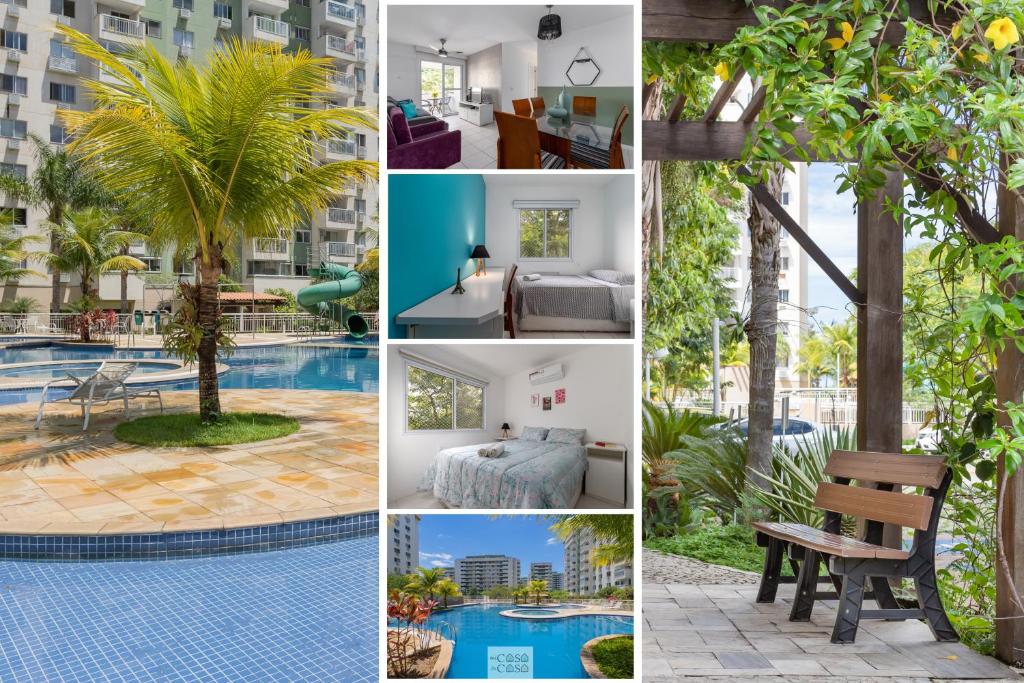 un collage de fotos de un hotel con piscina en 3 QUARTOS em Condominio com PISCINA, ESTACIONAMENTO e Portaria 24h a 300m do Centro de Convenções RIOCENTRO, en Río de Janeiro