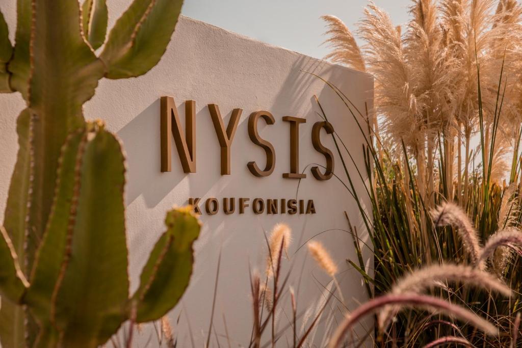 un cartel con un cactus delante de una planta en Nysis Koufonisia, en Koufonisia