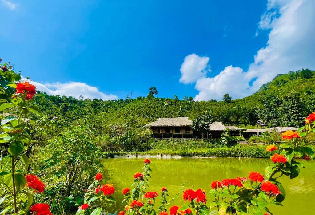 una casa en la cima de una colina con flores rojas en Ban Lien Pine Homestay, en Ly Tzeu Ping