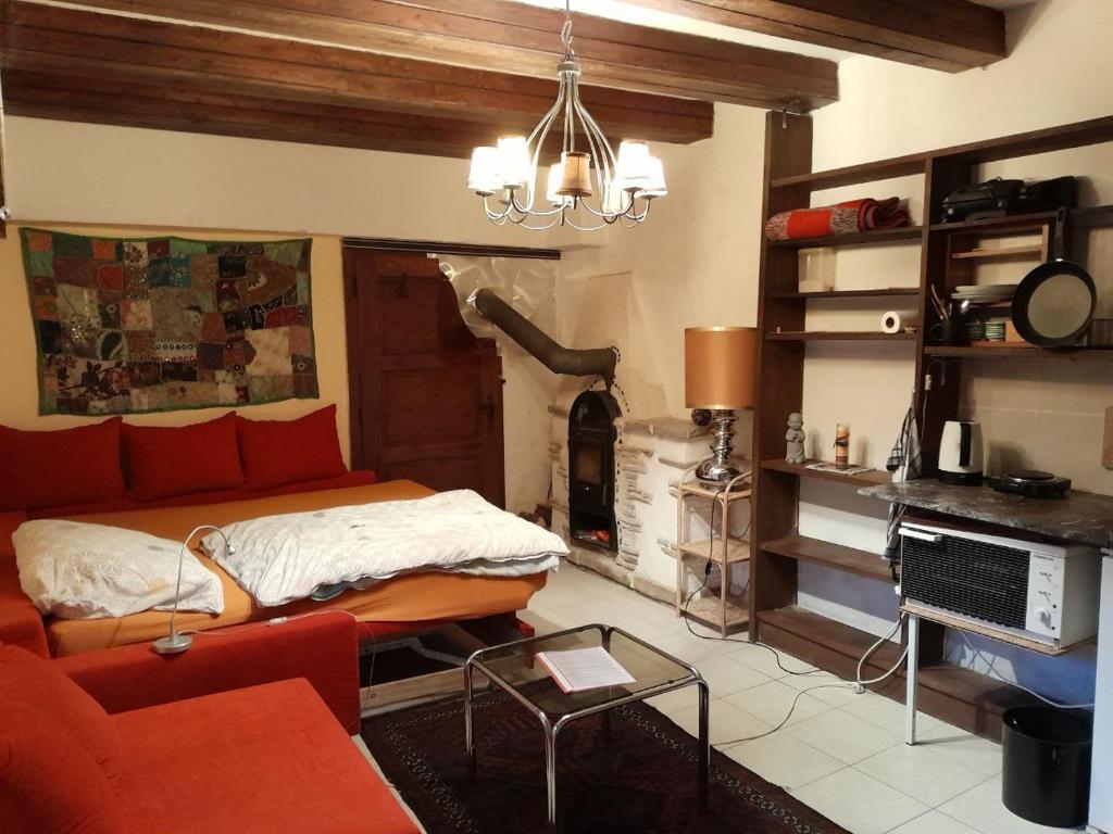 uma sala de estar com um sofá e uma lareira em Villa am plätschernden Bach em Eggern