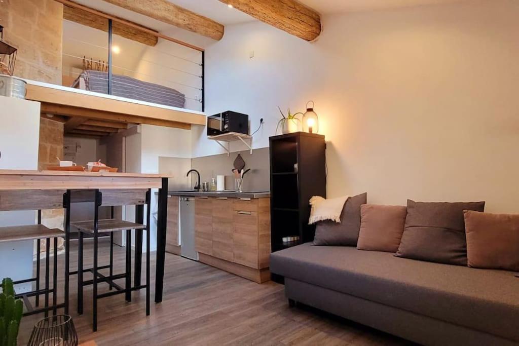 uma sala de estar com um sofá e uma cozinha em Grand studio de charme au cœur de Montpellier et Wifi em Montpellier