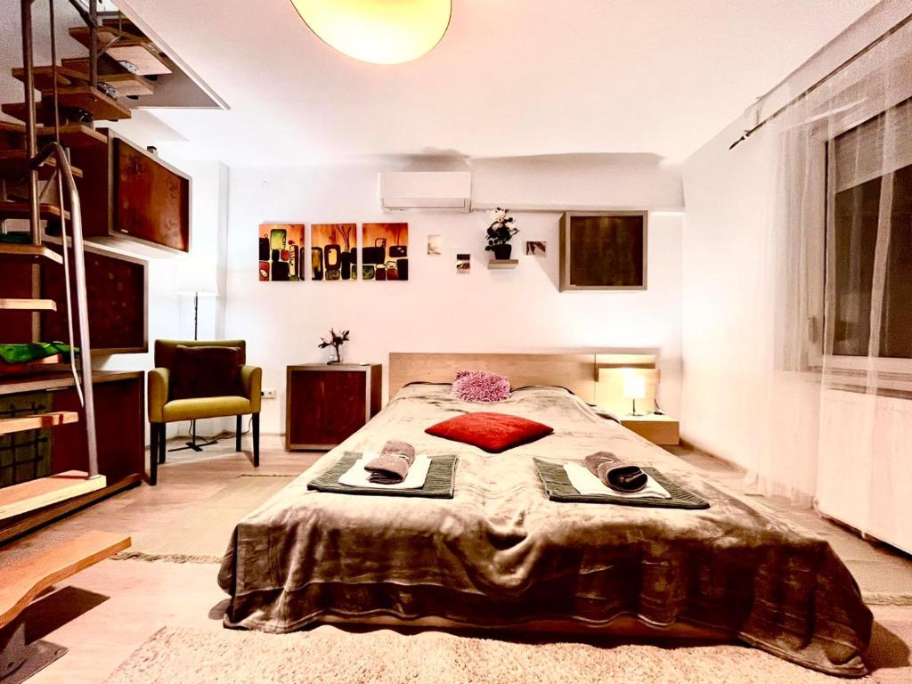 1 dormitorio con 1 cama grande en una habitación en King House & Garden with AC and FREE PARKING POSSIBILITY, en Budapest