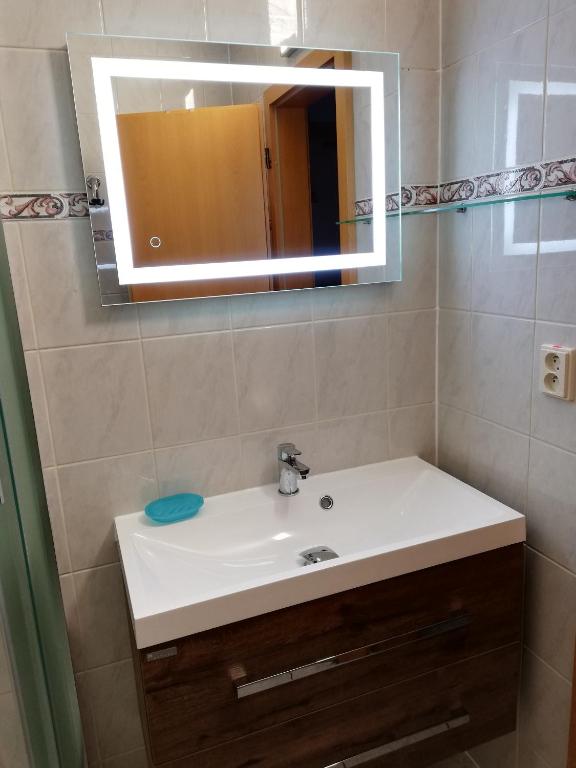 a bathroom with a white sink and a mirror at Ubytování Maxa in Špičák