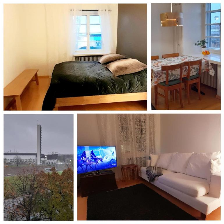 un collage de fotos de una habitación con cama y TV en Urheilukatu20 Olympiastadion Ooppera, 4 makuupaikkaa en Helsinki