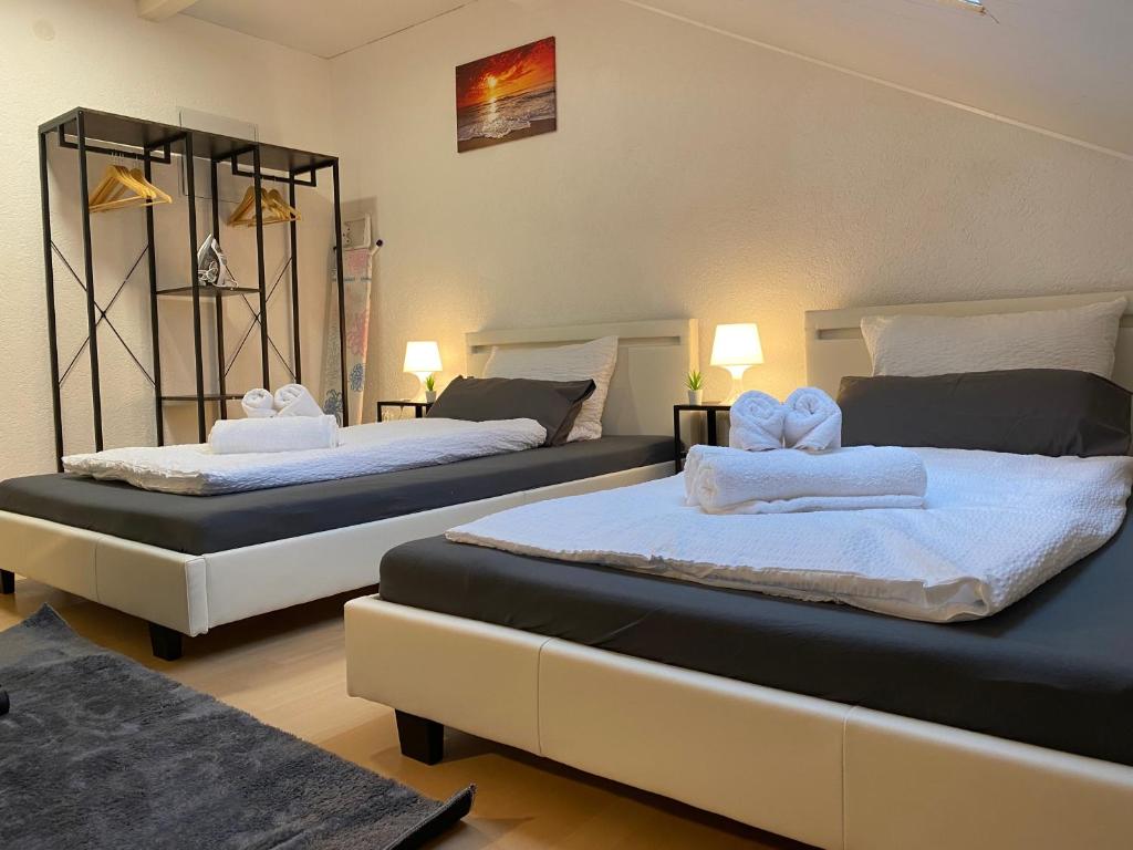2 Betten in einem Zimmer mit 2 Lampen in der Unterkunft Deluxe Business Suite mit Netflix Premium & Parkplatz, zentral zu Audi & Schwarz Gruppe with 2 Bedrooms in Bad Friedrichshall
