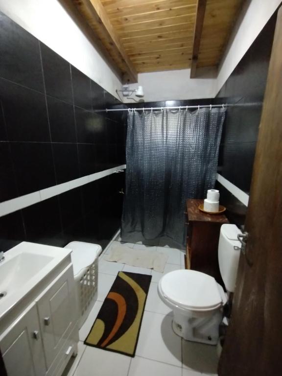 y baño con aseo, lavabo y ducha. en Casa de arroyo en Leandro N. Alem