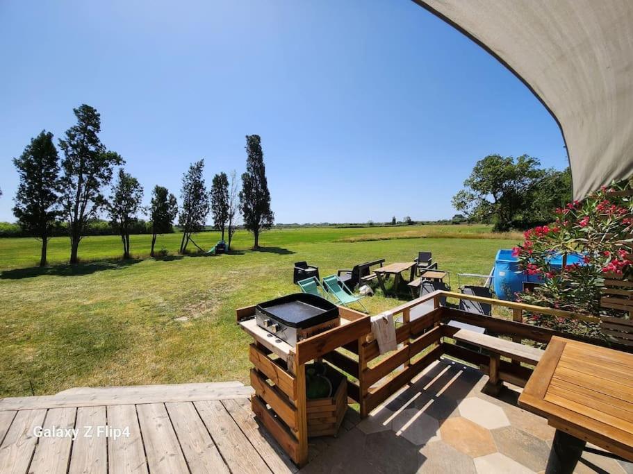 eine Terrasse mit einem Grill und einem Picknicktisch in der Unterkunft Petite maison cosy in Hyères