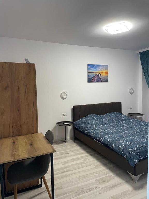 ガラツィにあるDanube Apartmentのベッドルーム1室(ベッド1台、テーブル、デスク付)