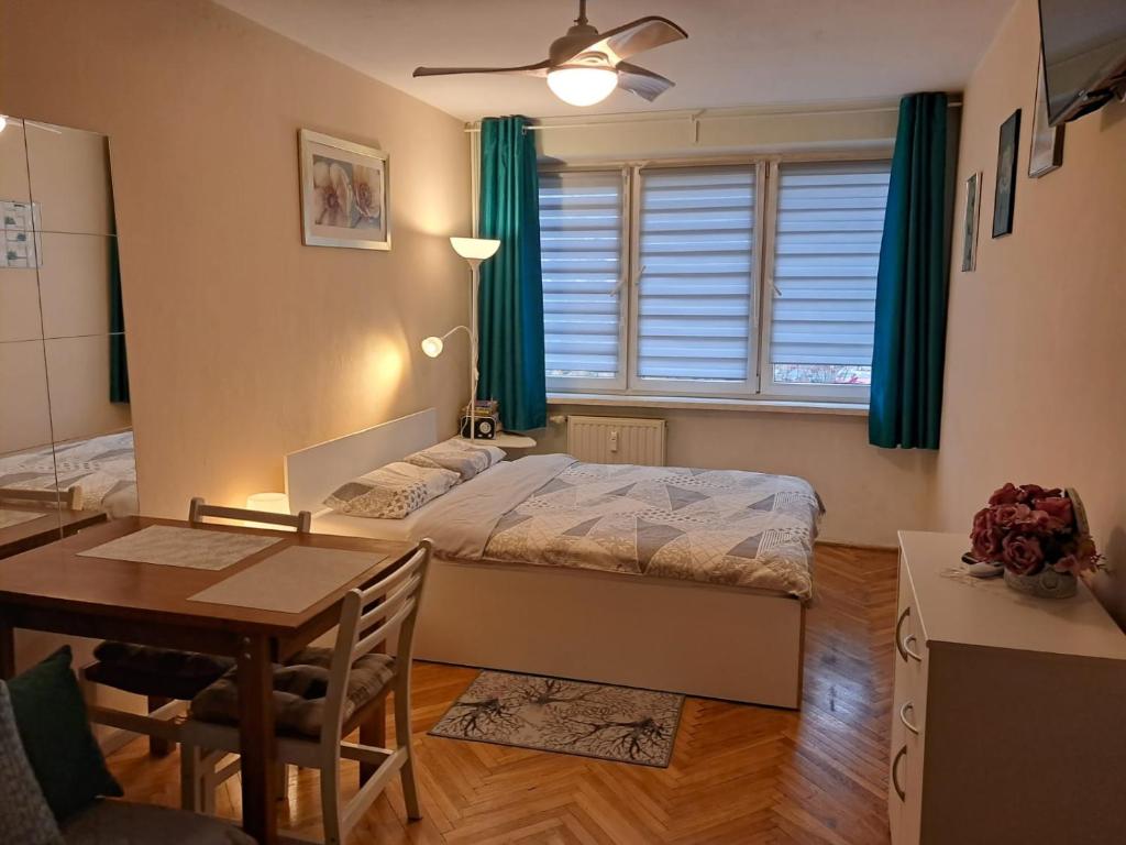ワルシャワにあるSady Flatのベッドルーム1室(ベッド1台、テーブル、デスク付)