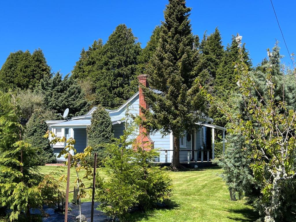 ein weißes Haus mit Bäumen davor in der Unterkunft Kosbys Cottage, Tongariro 