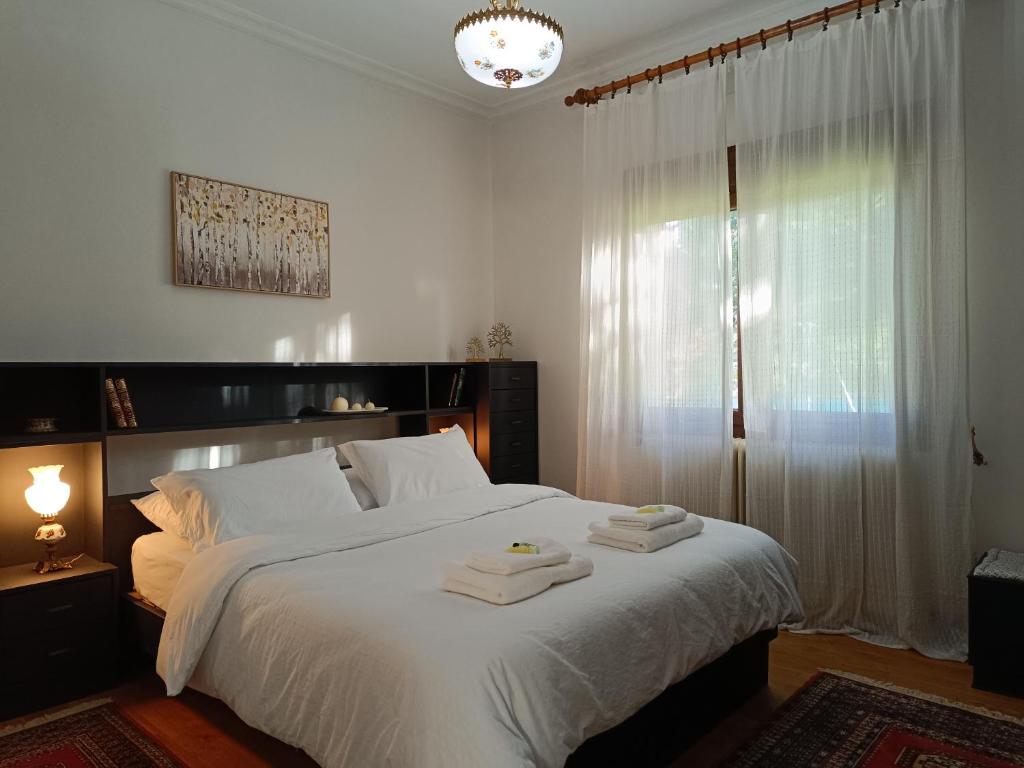 a bedroom with a large bed with two towels on it at Cozy Garden House in Árgos Orestikón