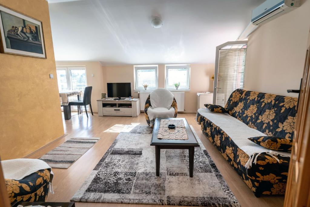 ein Wohnzimmer mit einem Sofa und einem Tisch in der Unterkunft Apartman Lenka Lux in Aranđelovac