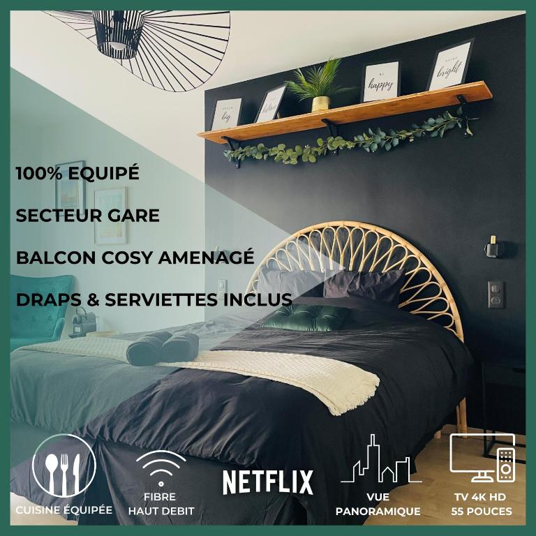 une affiche d'une chambre avec un lit et une étagère. dans l'établissement Nancy Gare - Studio Haut de gamme, à Nancy