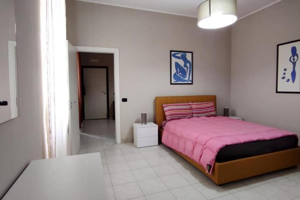 - une chambre avec un grand lit et une couverture rose dans l'établissement LA POLVERISTA Appartamento riservato e comodo, 