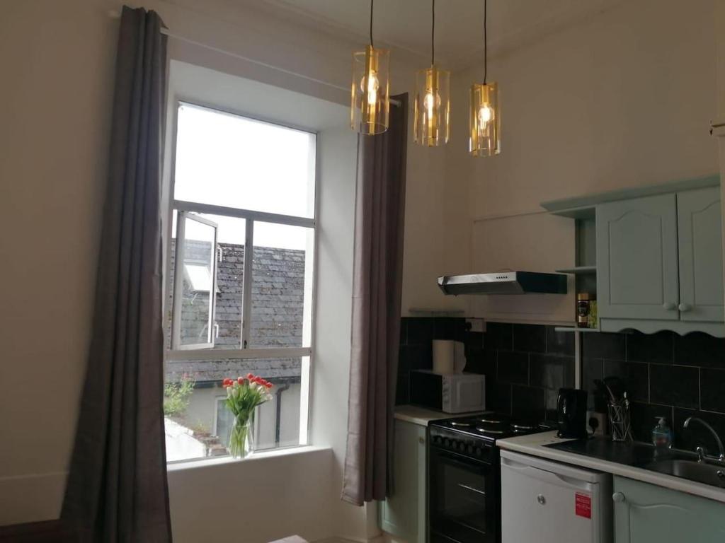 a kitchen with a window with a vase on the stove at Perfect apartment - close to the train station in Cork