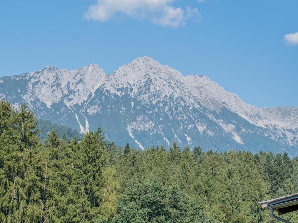 a mountain in the distance with trees in the foreground at Obinghof in Söll