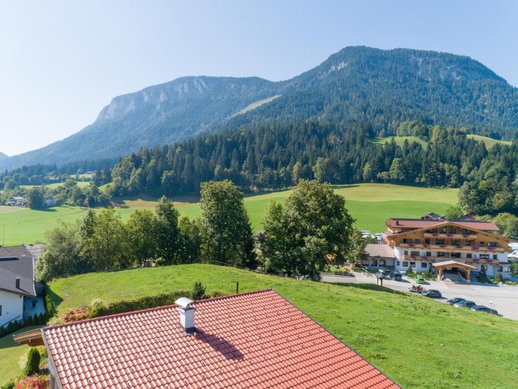 a house with a red roof and a mountain at Obinghof in Söll