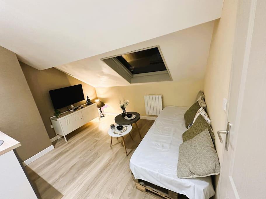 アミアンにあるL'Airzenity ~ Chill ~ Proche Gare ~ WiFiのベッドとテレビのある小さな部屋