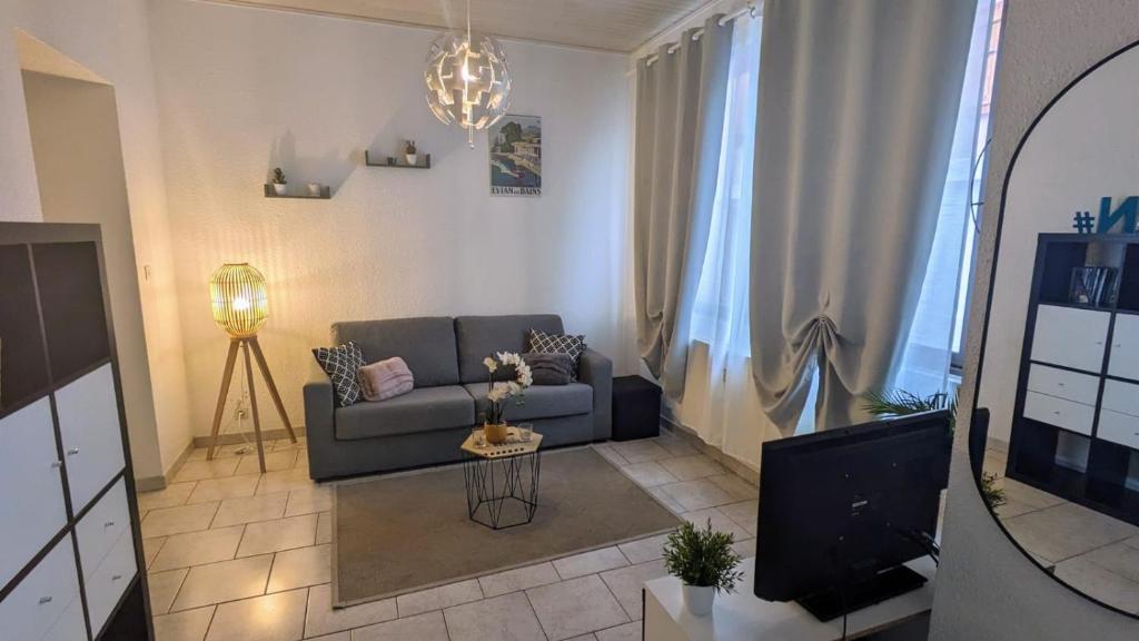 sala de estar con sofá y TV en Pieds dans l'eau - Lac Léman - 2 min Evian - Spacieux, en Neuvecelle