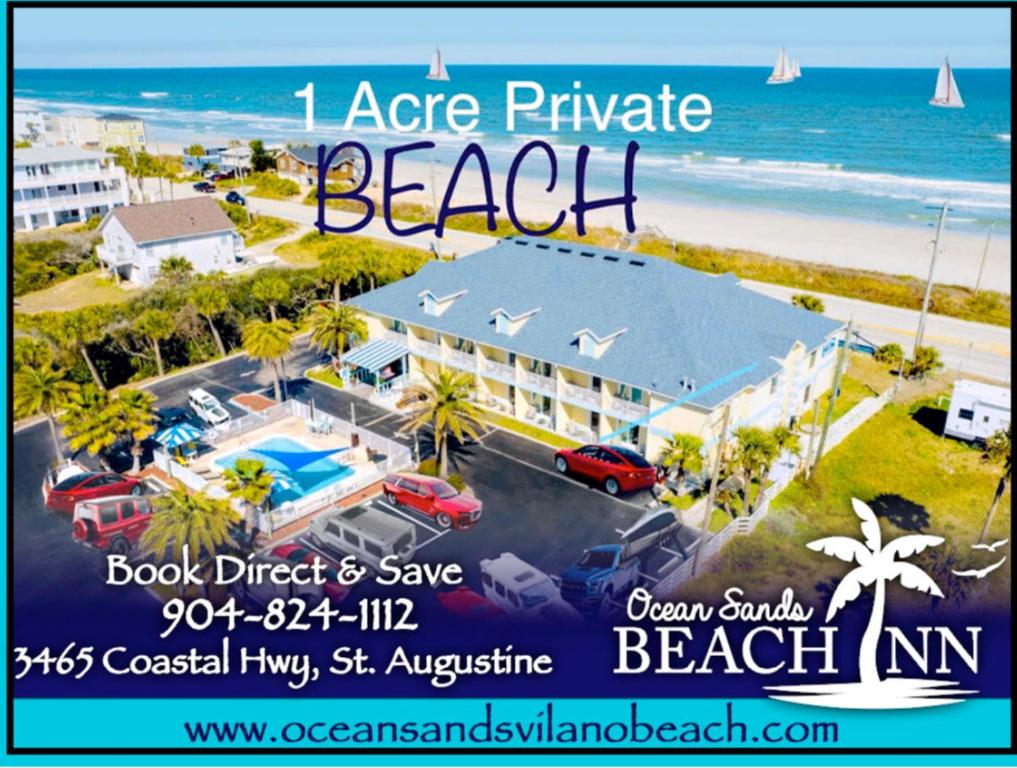 a poster for a beach resort with a building and the ocean at Ocean Sands Beach Boutique Inn-1 Acre Private Beach-St Augustine Historic-2 Miles-Shuttle with Downtown Tour-HEATED Salt Water Pool until 4AM-Popcorn-Cookies-New 4k USD Black Beds-35 Item Breakfast-Eggs-Bacon-Starbucks-Free Guest Laundry-Ph#904-799-SAND in St. Augustine