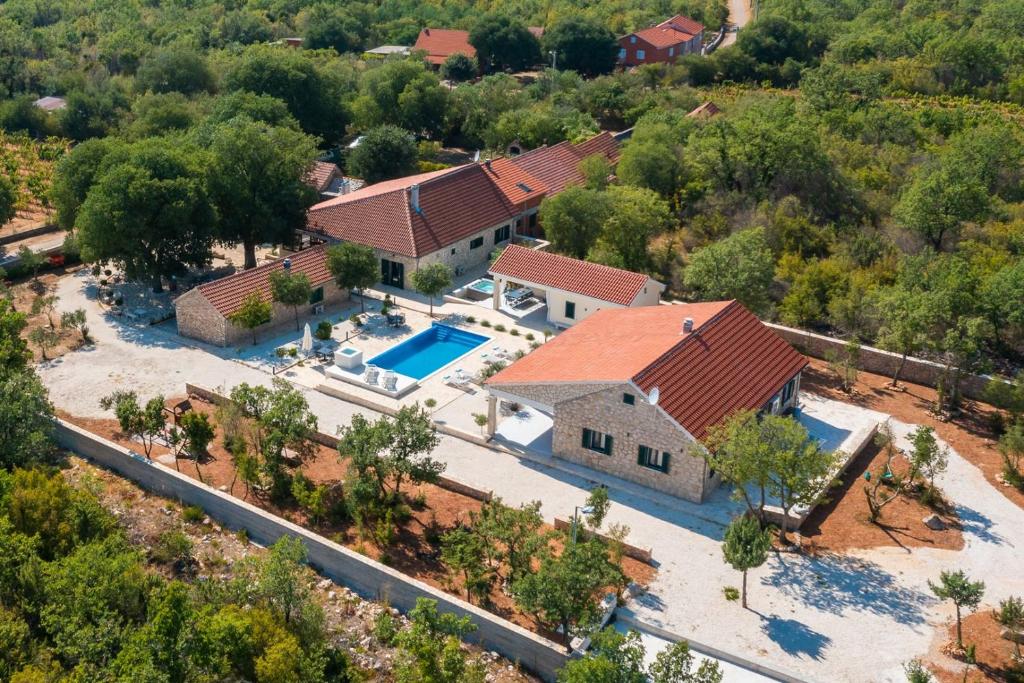 an aerial view of a house with a swimming pool at Tosic Estate - Villa, Vineyards and Winery in Razvođe