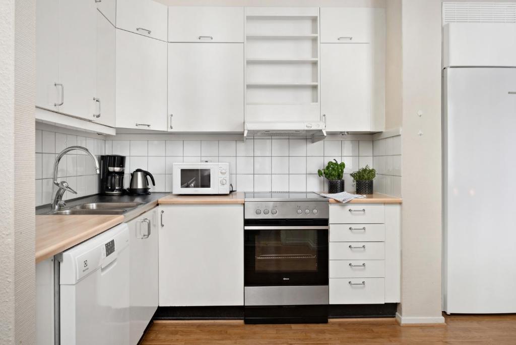 Kuchyň nebo kuchyňský kout v ubytování Stadsparken Apartments