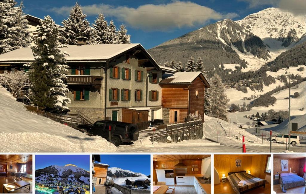un collage de fotos de una casa en las montañas en California House, en Klosters
