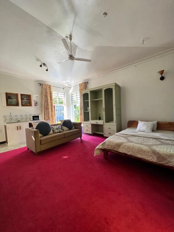 蒙巴薩的住宿－NdonyaKwetu- Mtwapa，一间铺有红地毯的卧室,配有一张床和一张沙发