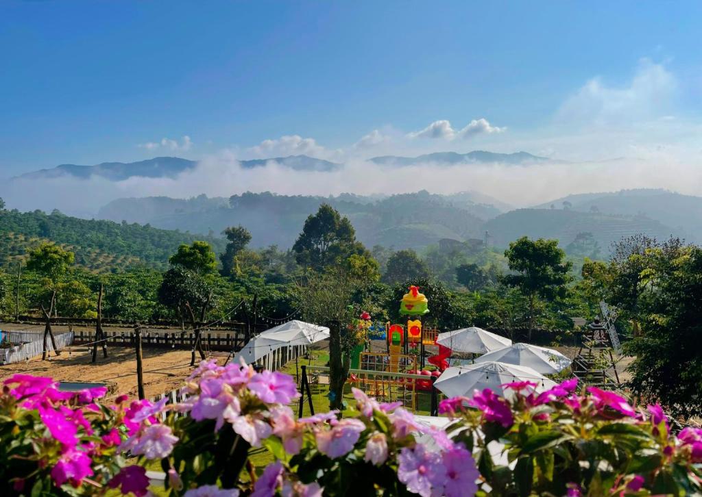 uma vista para um parque com flores no primeiro plano em Giăng's House Farmstay & Glamping em Bảo Lộc