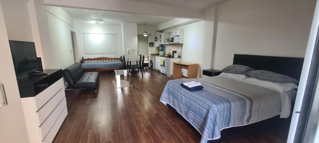 um quarto com uma cama e uma sala de estar em Monoambiente Grande Pedraza2134 em Buenos Aires
