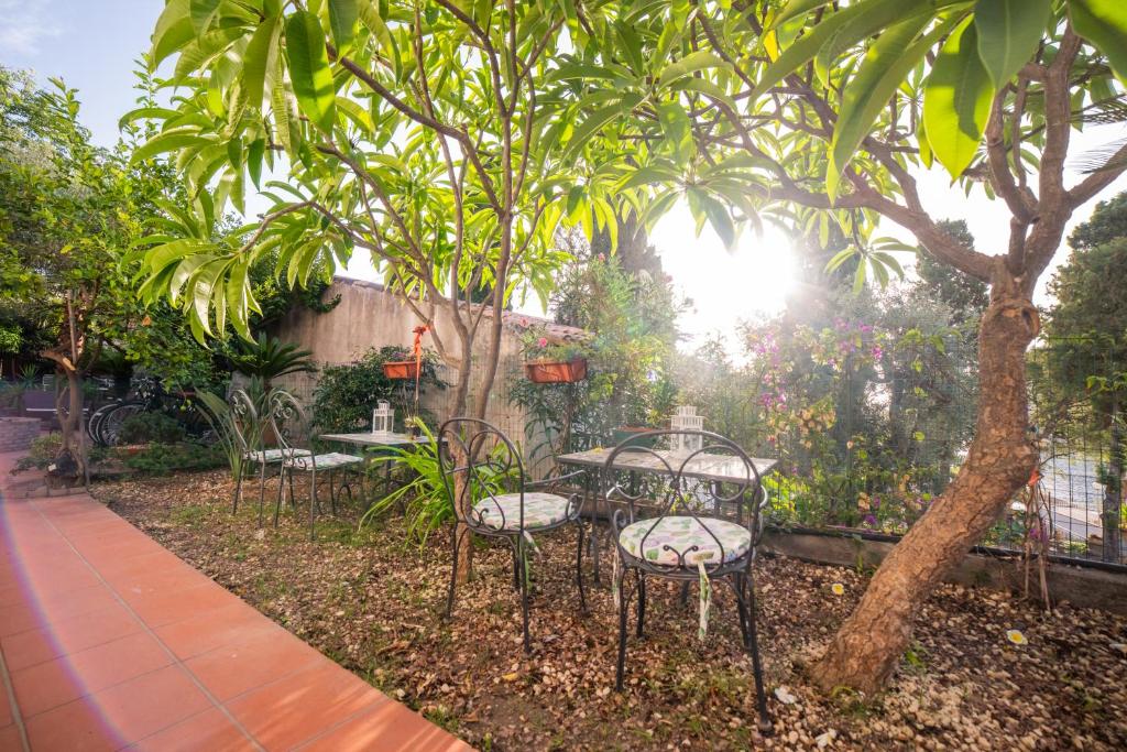 a group of chairs and tables under a tree at Taormina Garden Hotel in Taormina