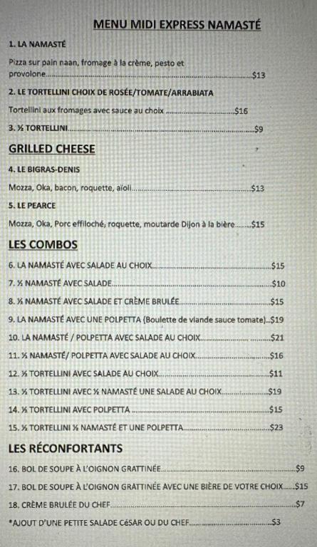 a page of a menu for a restaurant at AUBERGE et BISTRO NAMASTÉ in Lachute