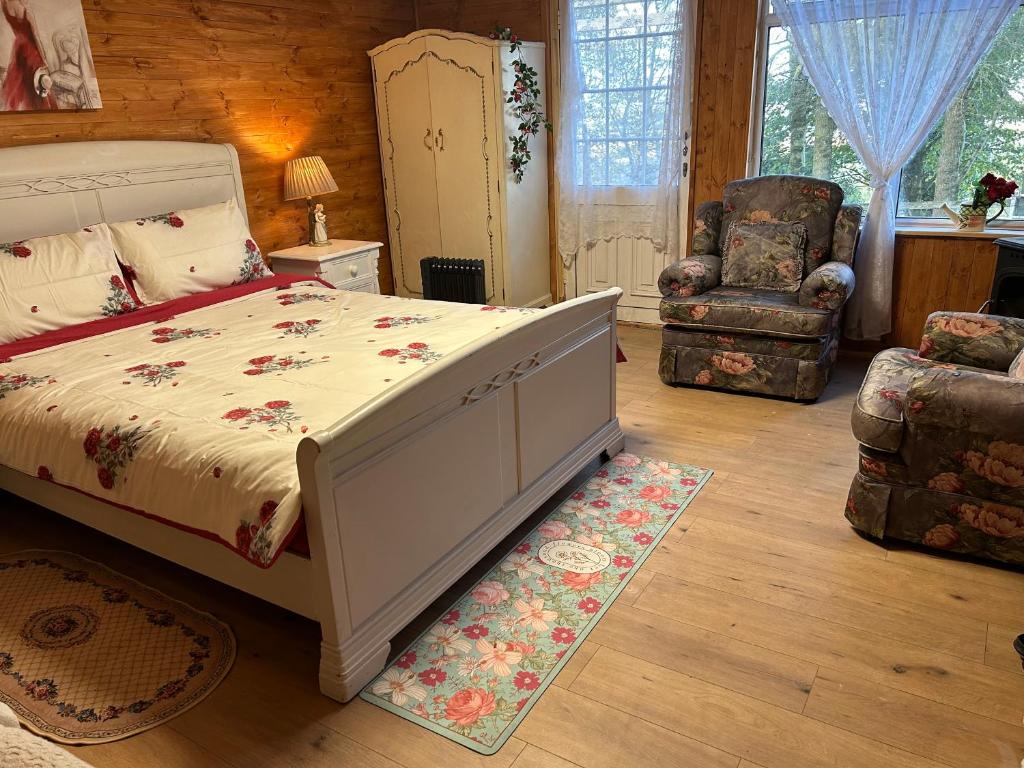 a bedroom with a bed and a chair at Cozy room in a barn with farm view in Dublin