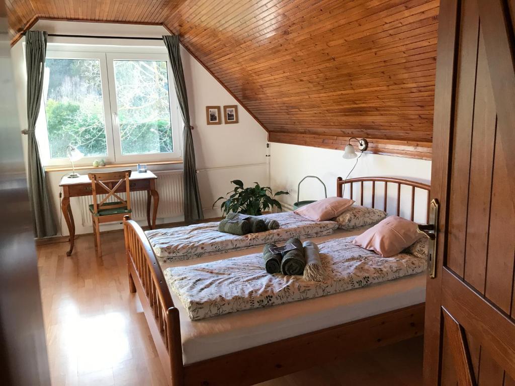 two beds in a room with two cats laying on them at Green Valley Vendégház a Betekints-völgyben in Veszprém