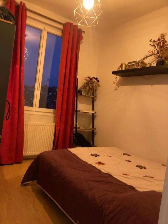 een slaapkamer met een bed met rode gordijnen en een raam bij Terra's room in Rouen
