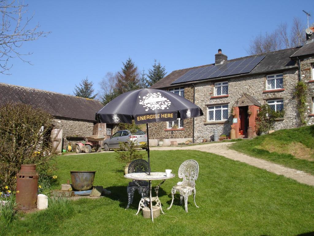 a table and chairs under an umbrella in a yard at Five Saints Farmhouse B&B in Pumpsaint