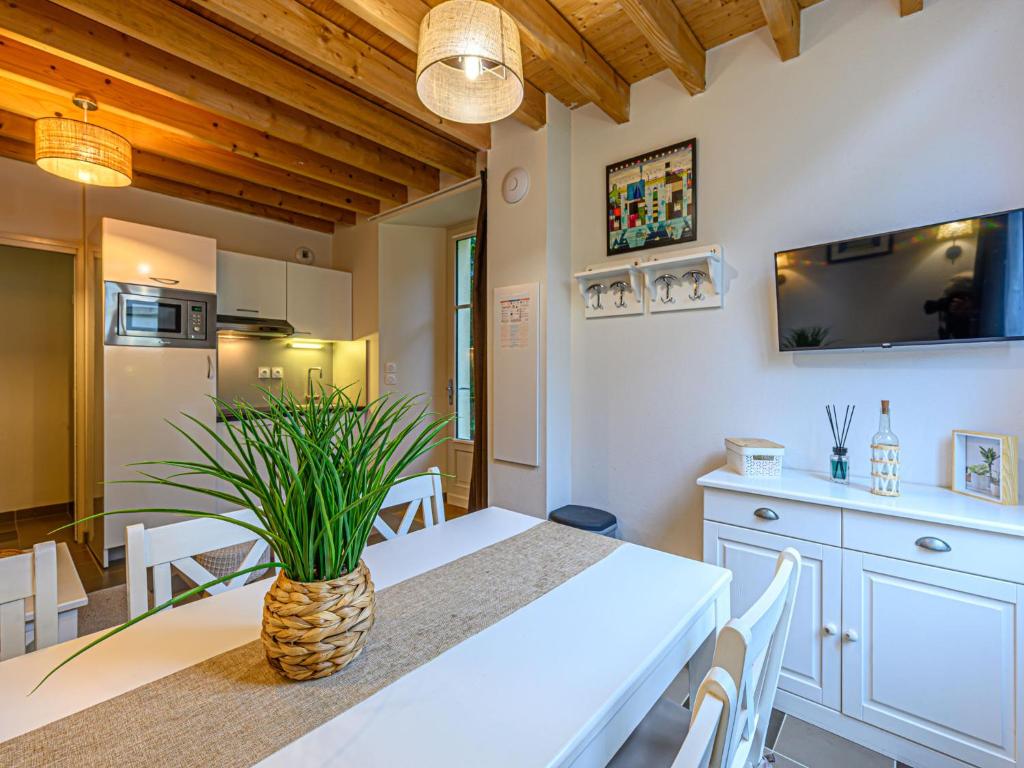 a kitchen and dining room with a table with a plant at Villa Le Château de Kergonano-4 by Interhome in Baden