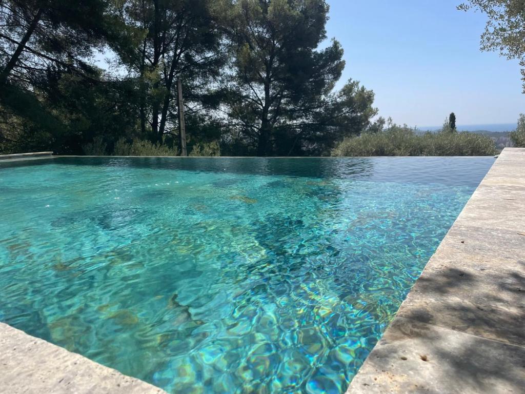 un bassin d'eau bleue avec des arbres en arrière-plan dans l'établissement Villa Les Oliviers by Interhome, à La Valette-du-Var