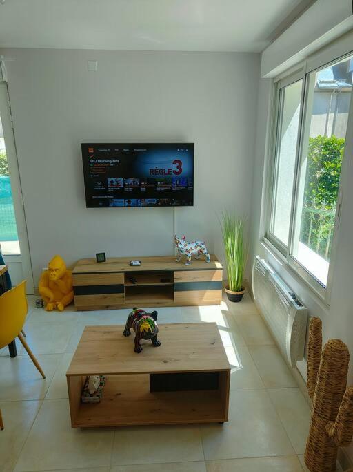 un salon avec une télévision et une table basse dans l'établissement Le Paradou, à Luchon