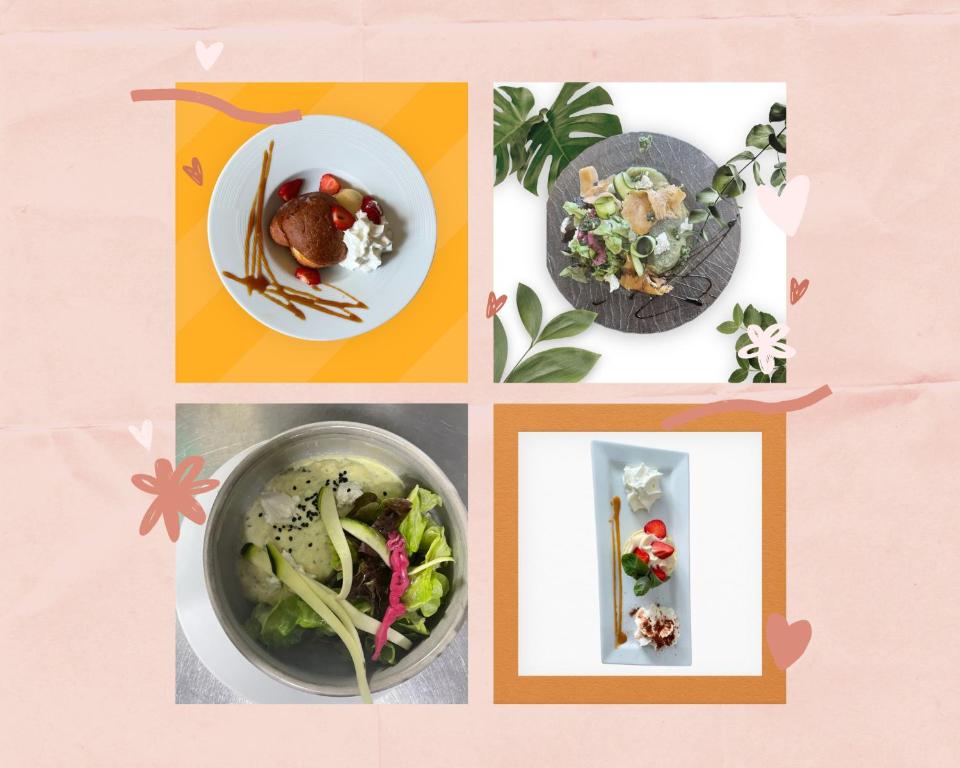 eine Collage mit vier Bildern von Lebensmittelplatten in der Unterkunft Logis Hôtel Restaurant Cazes Arazat in Laissac