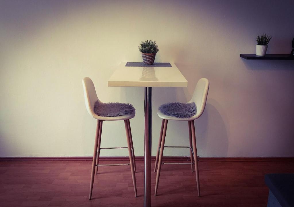 a table with two chairs and a table with a plant on it at Prague 7days Apartments - FREE PARKING in Prague