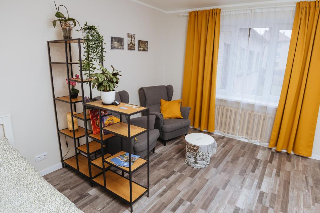 a living room with a couch and a chair at Apartamenti Katrīna in Brocēni