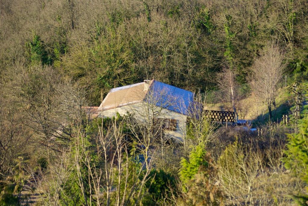 a blue truck parked on a hill with trees at Maison confortable au cœur de la nature près de Camps-sur-l'Agly in Camps-sur-lʼAgly